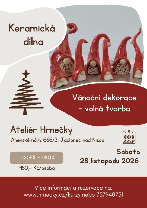 28.11.2026 Keramická dílna - Vánoční dekorace - volná tvorba - od 16:45 hod